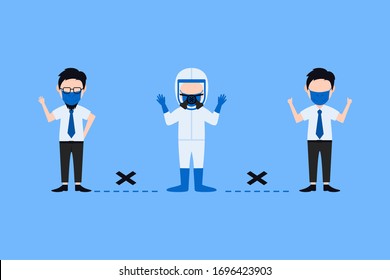 Vector illustration social distancing. Physical distancing. Keeping everyone away from spreading the corona virus in public spaces. Flat design.