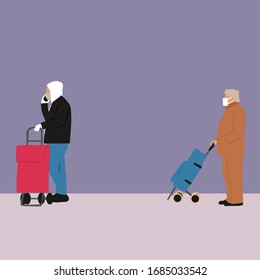 Vector illustration social distancing in a shopping queue or line Shopping during coronavirus outbreak People in masks with shopping bags Physical distancing Colorful flat vector illustration