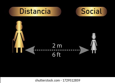 Vector illustration of social distancing in spanish (Distancia social) between two persons, grandmother and granddaughter.  Safe distance of two meters or six feet. 