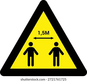 Ilustración vectorial de una señal de advertencia de distanciamiento social que muestra a dos personas separadas por un indicador de distancia dentro de un símbolo de peligro triangular amarillo, que indica los requisitos de espaciamiento de seguridad.