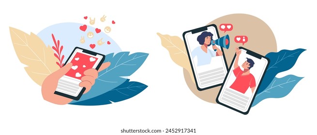 Vector illustration of social engagement metrics with user icons and reactions, perfect for web analytics representation.