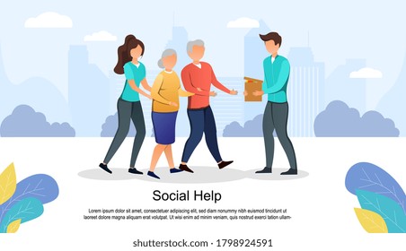 Vector illustration of social help. Young boy and girl giving box with products to mature man and woman