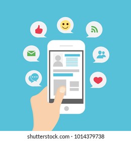 vector illustration social internet portal in the phone. mobile messenger. design elements abstract icons. The hand holds the smartphone