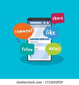 Vector illustration of social media access via smartphone. Suitable for promotion of social media, interactive activities, sharing, making friends, and connecting network, discussion latest news