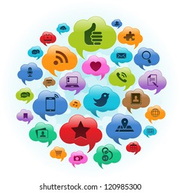 Vector Illustration of a social media applications in cloud thought bubbles. EPS 10 no transparencies.