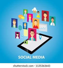 Vector illustration of social media concept, people connection on online cloud communication, gadget and avatar symbol