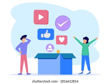 Vector illustration of social media concept, doing business via internet, interesting content and videos, sharing stories of users and social media. Easy to edit and customize.