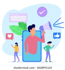 Vector illustration of social media concept, doing business via internet, interesting content and videos, sharing stories of users and social media. Easy to edit and customize.