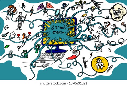 Vector illustration of social media coverage in the internet network, how social media connect people, share global information and expand business,  technology, knowledge,  etc. 
