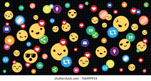 Vector Illustration Of Social Media Dark Background With Likes Hearts Smiles Emoticons And Other Buttons 