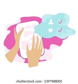 Vector illustration of a social media data analytics on a mobile device. Woman's hands holding a tablet. Social media marketing for online business concept.