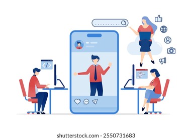 vector illustration of Social Media Development Using Cloud and Internet Technology. People Working Freelance Jobs, Engaging in Video Calls, and Creating Media Ads for Digital Platforms