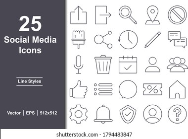 Vector illustration of social media icons with line styles for interface, templates, ui. Consists of icons such as home, search, upload, timeline, account, delete, settings. 512x512 pixel.