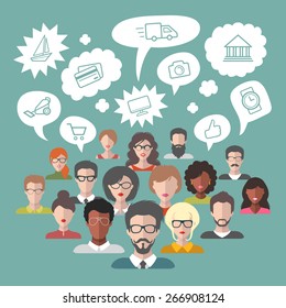 Vector illustration of social media icons in speech bubbles with group of people in trendy flat style