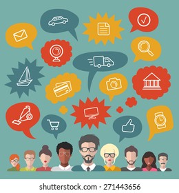 Vector illustration of social media icons in speech bubbles with group of people in trendy flat style