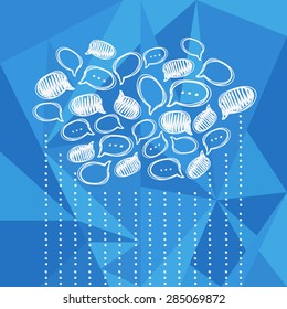 Vector illustration, social media, ideas, brainstorm and communication concept, hand-drawn chat bubbles cloud on geometric background.