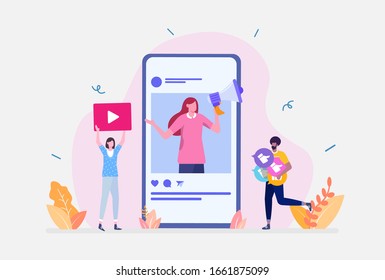 Vector Illustration, Social Media Influencer Concept, Showing people bringing likes and reactions to a social media profile on a smartphone, UI, web, App intro card, editorial, flyer,and banner