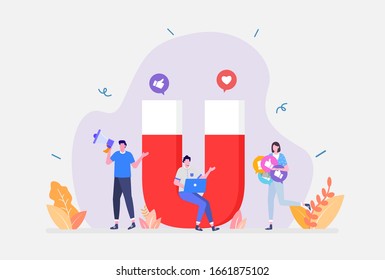 Vector Illustration, Social Media Influencer Concept, Showing people bringing likes and reactions to a social media profile on a smartphone, UI, web, App intro card, editorial, flyer,and banner