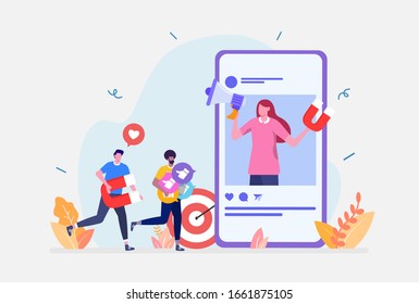 Vector Illustration, Social Media Influencer Concept, Showing People Bringing Likes And Reactions To A Social Media Profile On A Smartphone, UI, Web, App Intro Card, Editorial, Flyer,and Banner