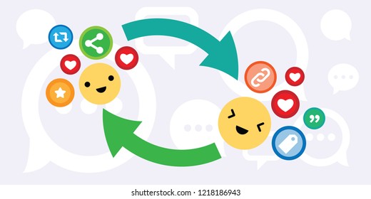 vector illustration of social media likes exchange with emoji and arrows