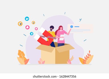 Vector Illustration, Social Media Marketing Concept, Showing people interacting business on social media, Suitable for landing page, ui, web, App intro card, editorial, flyer,and banner