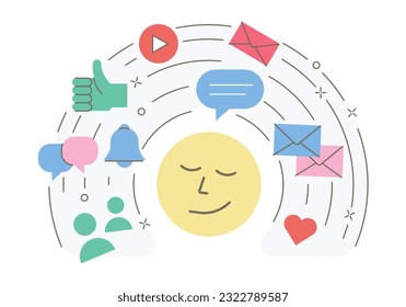 Ilustración vectorial para medios sociales, marketing y conceptos publicitarios. Emoticon con diferentes ilustraciones de iconos planos relacionadas con la comunicación comercial en línea