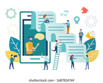 vector illustration social media mobile app teamwork concept. young people communicate using a mobile app in social networks, in touch online. communication and conclusion of contracts.