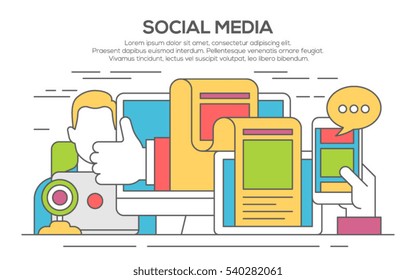 Vector illustration of  social media networking, storytelling, producing creative, sharing of digital content. Modern thin line flat illustration for web banners, printed materials. 