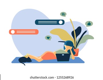 Vector illustration of Social media services. Modern flat design concept of young woman using laptop for communication at home with her cat.