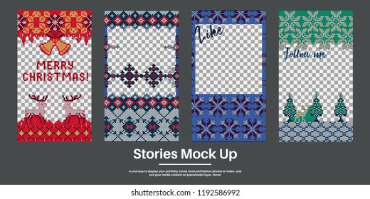 Vector Illustration of Social Media Stories Template for Design, Website, Banner. Christmas knitted Photo Frame for Blog or Smartphone Story