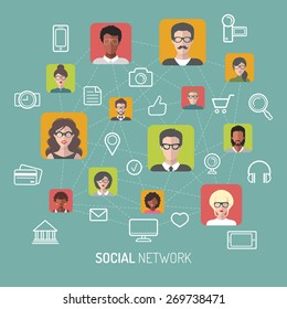 Vector illustration of social network, global people internet connection, men app icons and social media images in flat style.