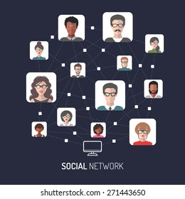 Vector illustration of social network, global people internet connection, men app icons and social media images in flat style.
