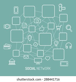 Vector illustration of social network, global people internet connection, social media icons and places for men icons in flat style.