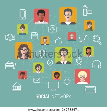 Vector illustration of social network, global people internet connection, men app icons and social media images in flat style.