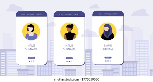 Ilustración vectorial de avatares móviles de redes sociales para diferentes nacionalidades. avatares de mujeres blancas, negras y musulmanas para aplicaciones móviles. 