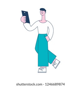 Vector illustration of social network or online reading concept in flat style with young smiling man using mobile gadget for reading or chatting isolated on white background.