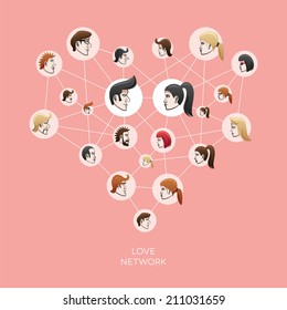 Vector illustration of social network with people heads in the circles creating a love heart. 