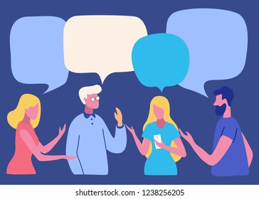 Vector illustration, social networks, flat style, news, chat, businessmen discuss social network dialogue speech bubbles