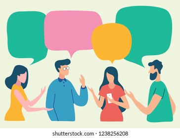 Vector illustration, social networks, flat style, news, chat, businessmen discuss social network dialogue speech bubbles