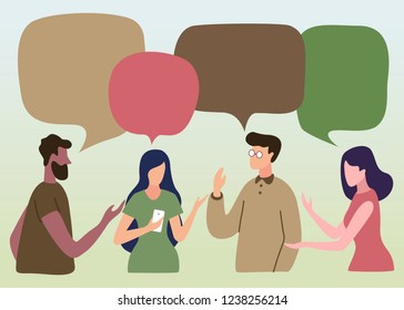 Vector illustration, social networks, flat style, news, chat, businessmen discuss social network dialogue speech bubbles