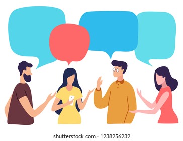 Vector illustration, social networks, flat style, news, chat, businessmen discuss social network dialogue speech bubbles