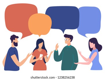 Vector illustration, social networks, flat style, news, chat, businessmen discuss social network dialogue speech bubbles