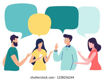 Vector illustration, social networks, flat style, news, chat, businessmen discuss social network dialogue speech bubbles