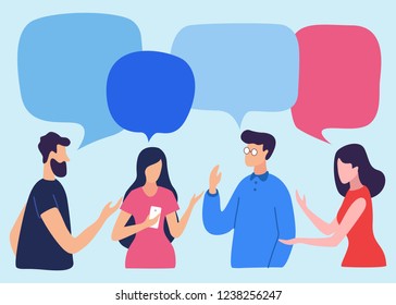 Vector illustration, social networks, flat style, news, chat, businessmen discuss social network dialogue speech bubbles