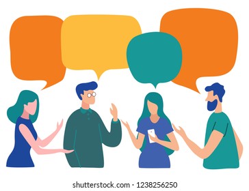 Vector illustration, social networks, flat style, news, chat, businessmen discuss social network dialogue speech bubbles