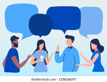 Vector illustration, social networks, flat style, news, chat, businessmen discuss social network dialogue speech bubbles