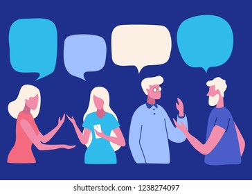 Ilustración vectorial, redes sociales, estilo plano, noticias, chat, hombres de negocios discuten sobre las burbujas del diálogo en redes sociales