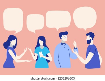 Vector illustration, social networks, flat style, news, chat, businessmen discuss social network dialogue speech bubbles
