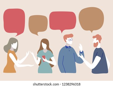 Vector illustration, social networks, flat style, news, chat, businessmen discuss social network dialogue speech bubbles