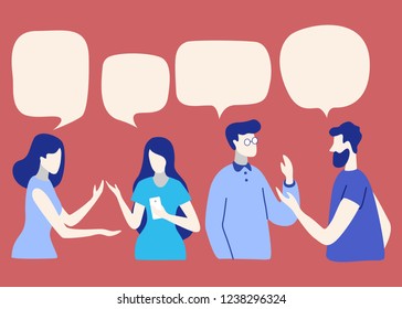 Vector illustration, social networks, flat style, news, chat, businessmen discuss social network dialogue speech bubbles